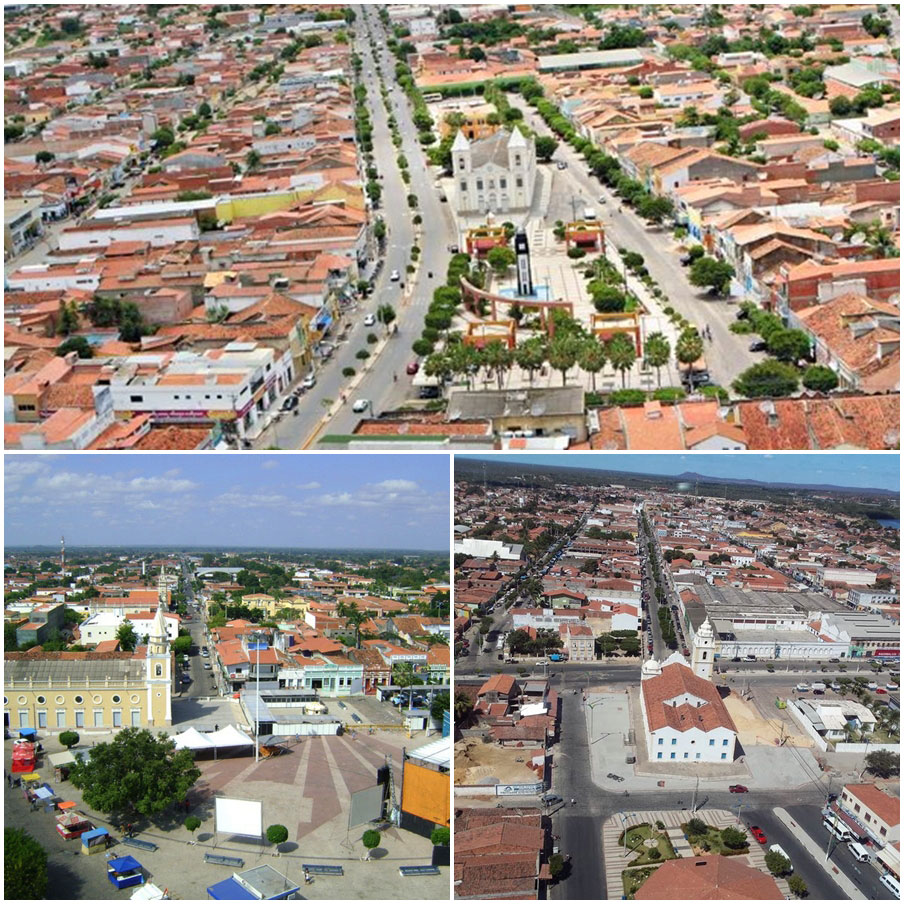 Montagem com as fotos aéreas das cidades de Russas, Limoeiro do Norte e Aracati localizadas no estado do Ceará