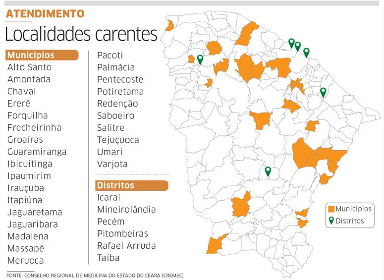 Lista de municípios e distritos carentes de atendimento médico no estado do Ceará.