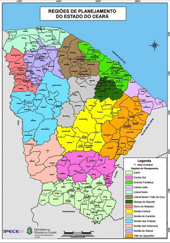 Mapa do Estado do Ceará com municípios sinalizados por regiões de planejamento