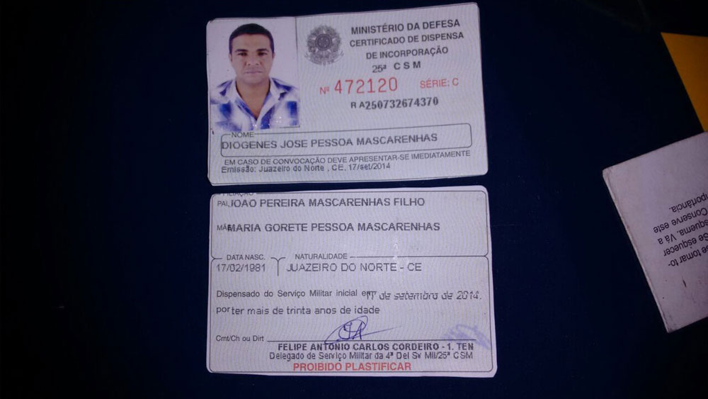 Foto de documento de dispensa do serviço militar de Diógenes José Pessoa Mascarenhas