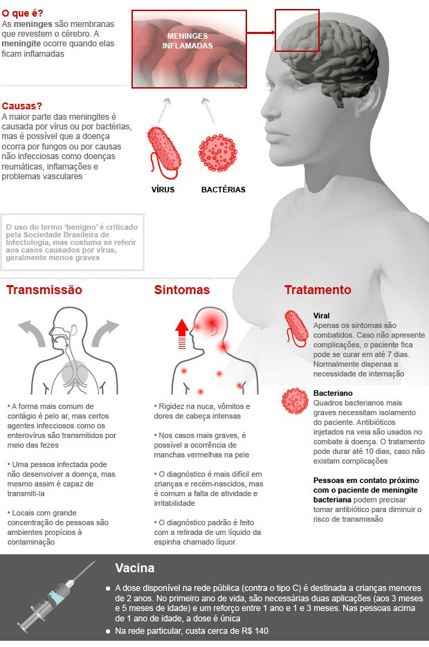 Imagem com informações sobre o que é, as causas, forma de transmissão, sintomas e tratamento da meningite