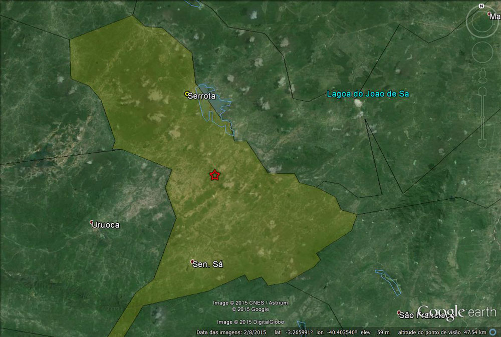 Imagem de satélite com divisões de municípios e da zona rural de Serrote.
