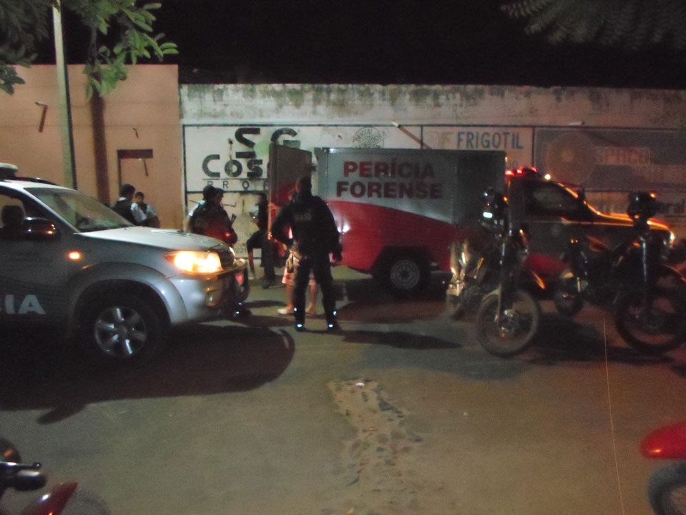 Veículo da polícia e da Perícia Forense. Policiais pelo local.