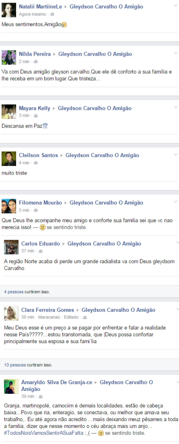 Postagens no facebook com mensagens sobre a morte do radialista Gleydson Carvalho