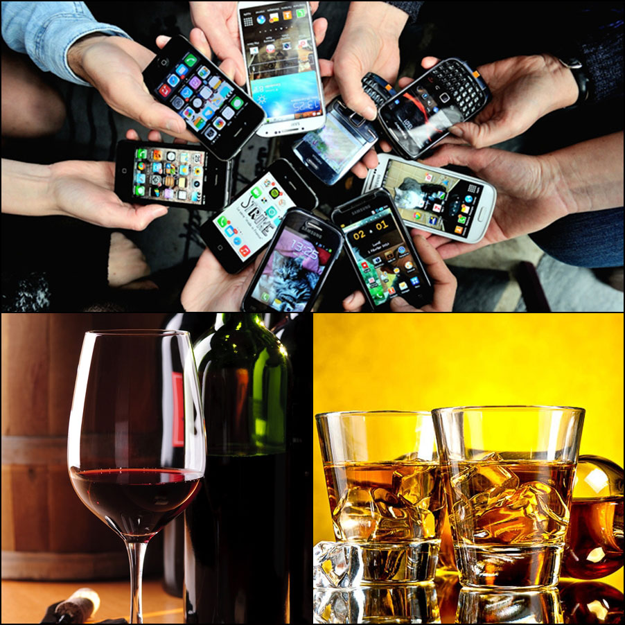 Montagem com fotos de smartphones, vinhos e destilados