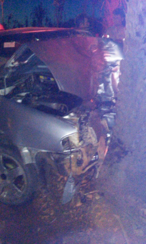 Parte frontal do veículo totalmente destruído me frente a árvore