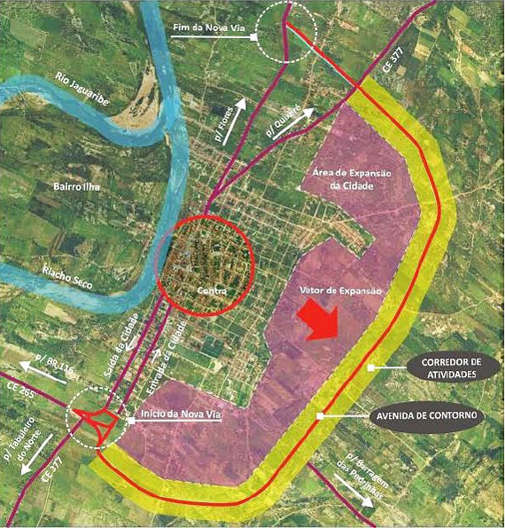 Imagem de satélite com marcações que indicam a localização de avenidas, rios, centro e centro da cidade de Limoeiro do Norte-CE