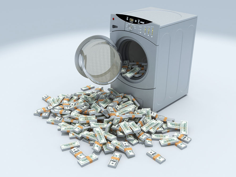Ilustração em computação gráfica com máquina de lavar roupas e dinheiro