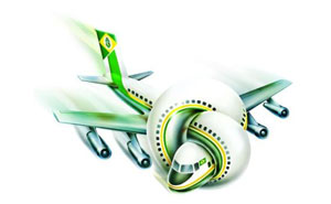 Ilustração de avião, personalizado com as cores e bandeira do estado do Ceará, torcido como um nó.