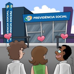 Ilustração da Previdência Social e três pessoas olhando com corações sobre a cabeça de cada um deles
